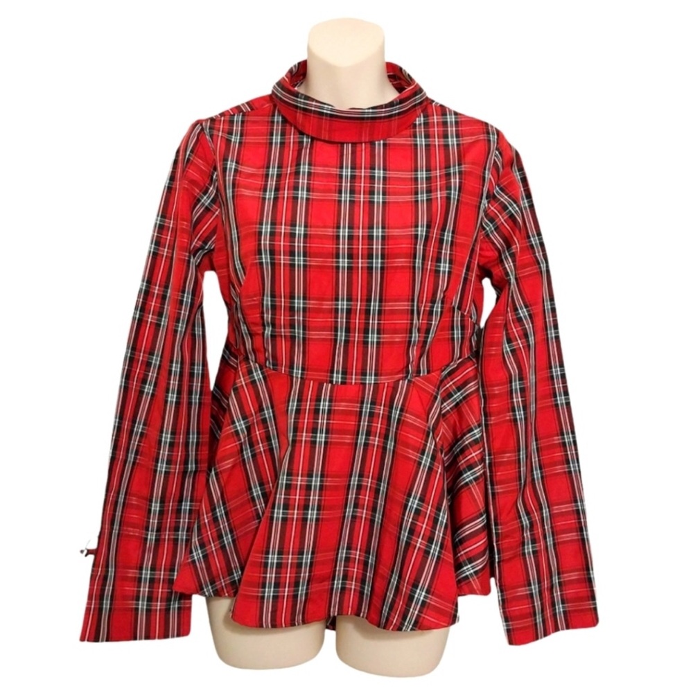 Naracamicie Red Plaid Peplum Blouse Long Sleeve Bell Sleeve Bohemian size 0 XS-S